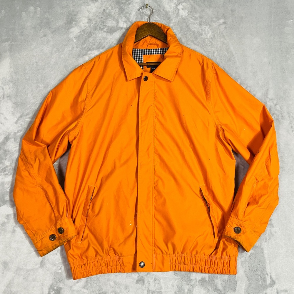 Lands End Harrington Jacket Mens L/T Orange Fair Gingham Lined Full Zip Snap